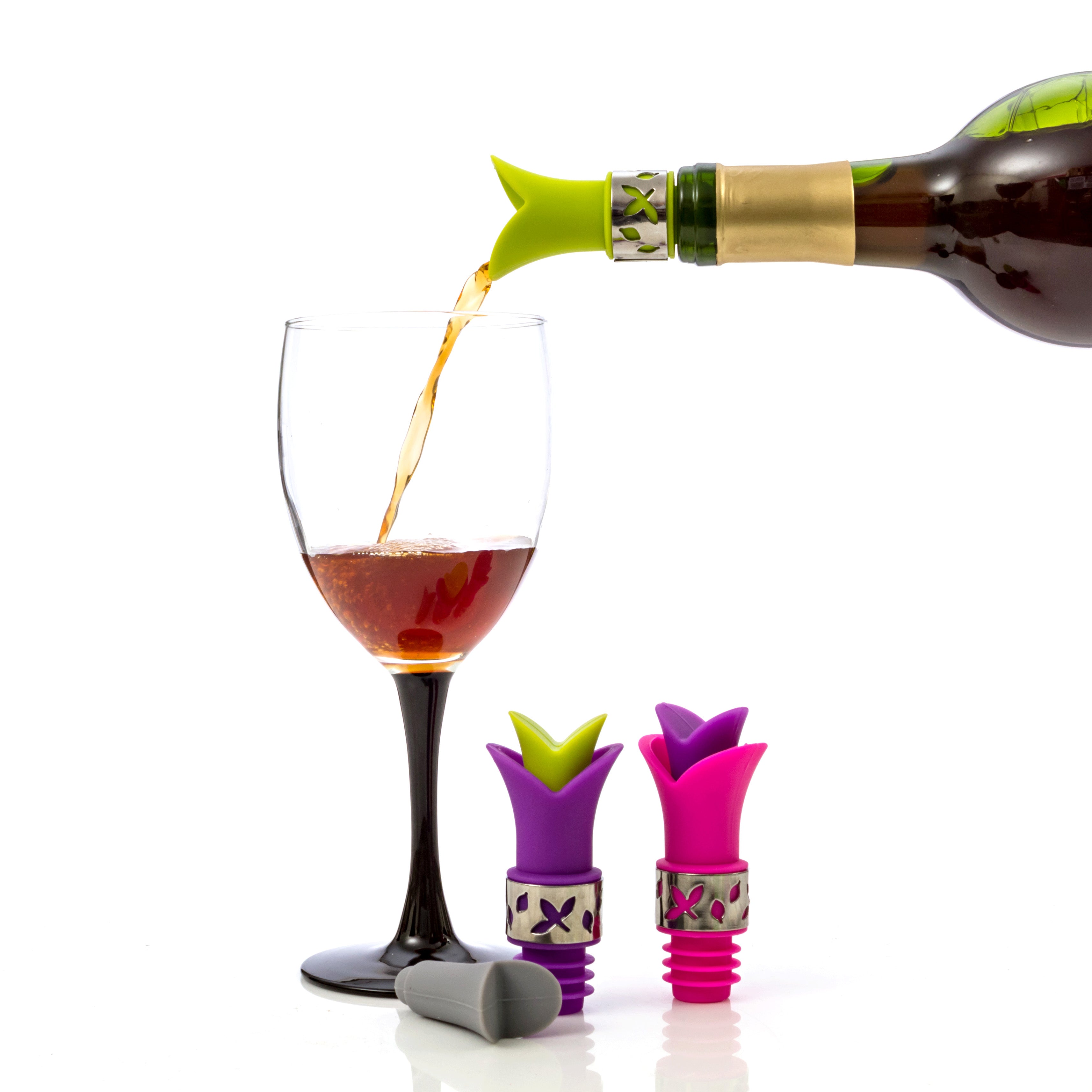 Silicone Wine Bottle Stopper Pourer - (Black with Pink, Purple