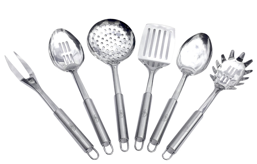 Sofie’s Cottage Stainless Steel Cooking Utensils - Set of 6, Spoon, Slotted Spoon, Spatula, Fork, Skimmer & Pasta Spoon