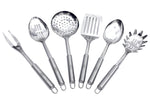 Sofie’s Cottage Stainless Steel Cooking Utensils - Set of 6, Spoon, Slotted Spoon, Spatula, Fork, Skimmer & Pasta Spoon