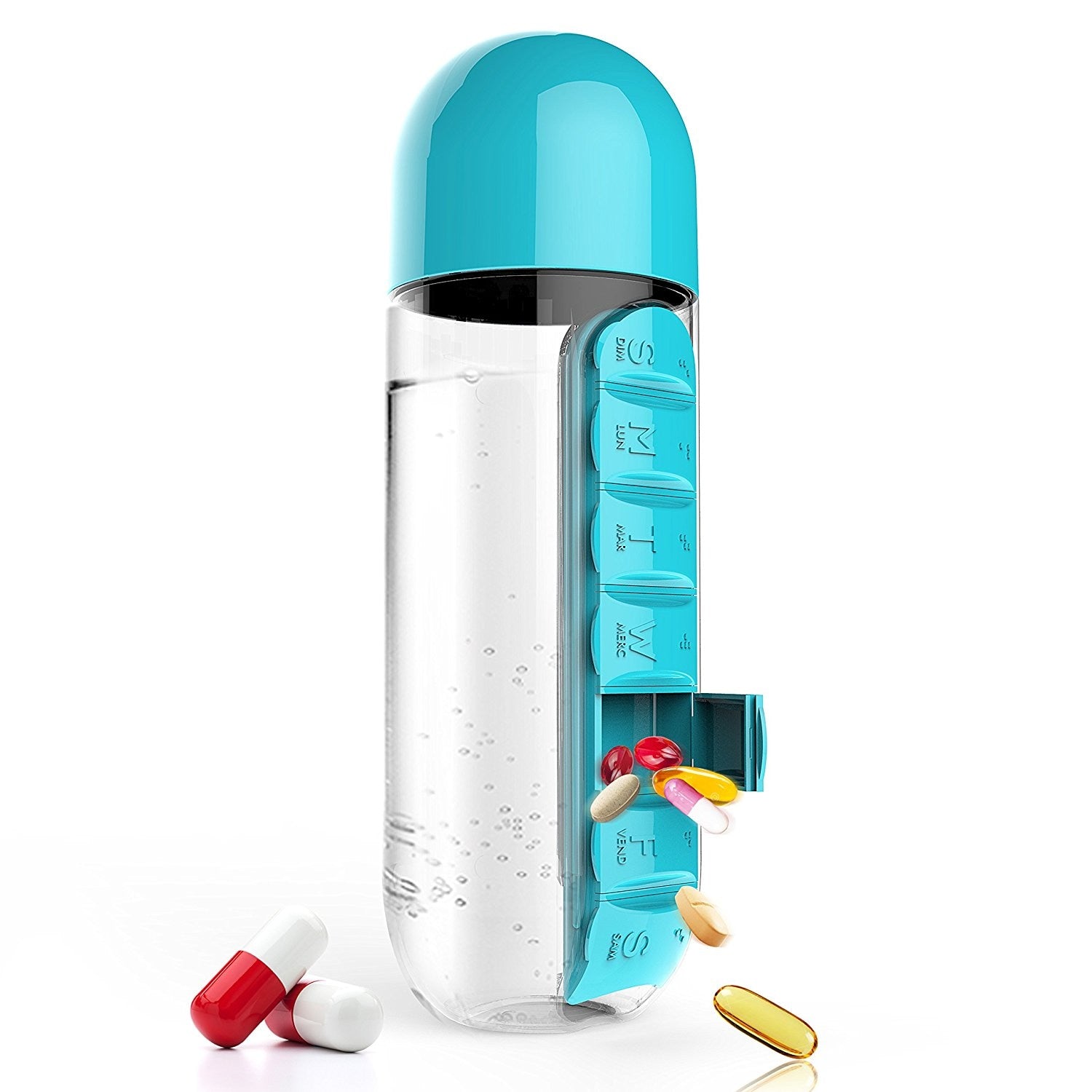 Plastic Water Bottle with Daily Pill Box Organizer