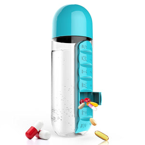 Plastic Water Bottle with Daily Pill Box Organizer