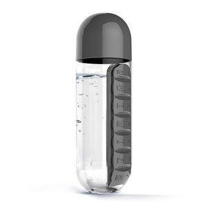 Plastic Water Bottle with Daily Pill Box Organizer