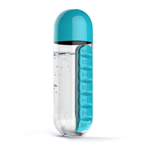 Plastic Water Bottle with Daily Pill Box Organizer