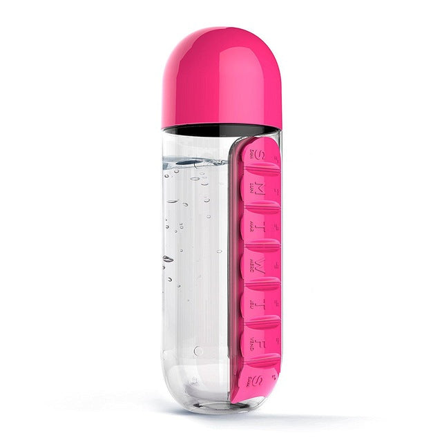 Plastic Water Bottle with Daily Pill Box Organizer